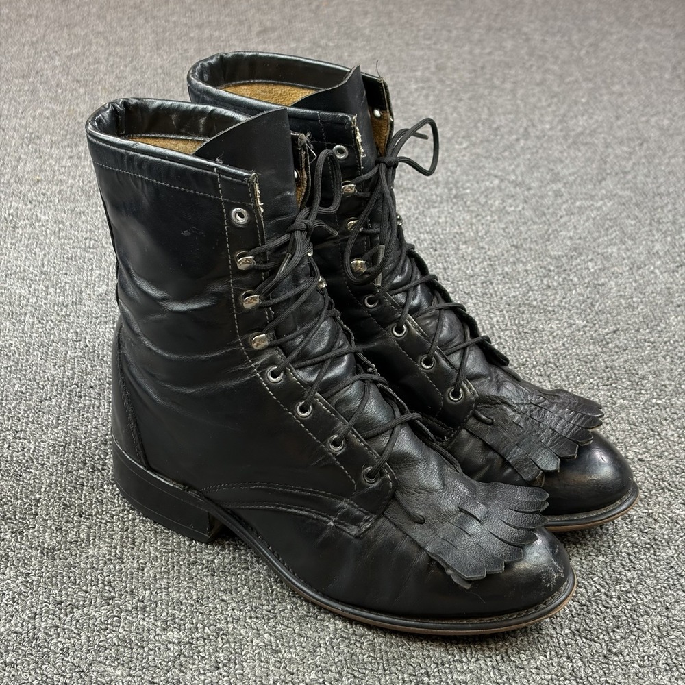 Laredo Womens Leather Kiltie Black Brown Lace Up Western Boots Sz 6.5 M USA Made